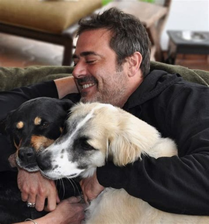 Jeffrey Dean Morgan with dog Bisou dressed as Negan from The Walking Dead