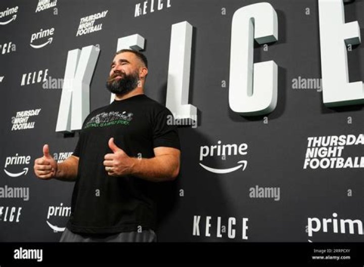 (L-R) Jason Kelce poses for a photo with Kylie Kelce during the Kelce documentary premiere at Suzanne Roberts Theater on September 8, 2023 in Phila...