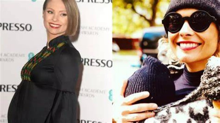 MyAnna Buring with her son covered by a panda hat resting on her chest.